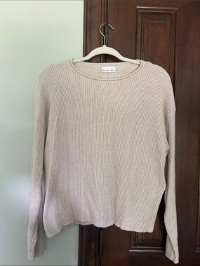 BECOOL Women's Cream Ribbed Knit Sweater - Lightweight Crewneck